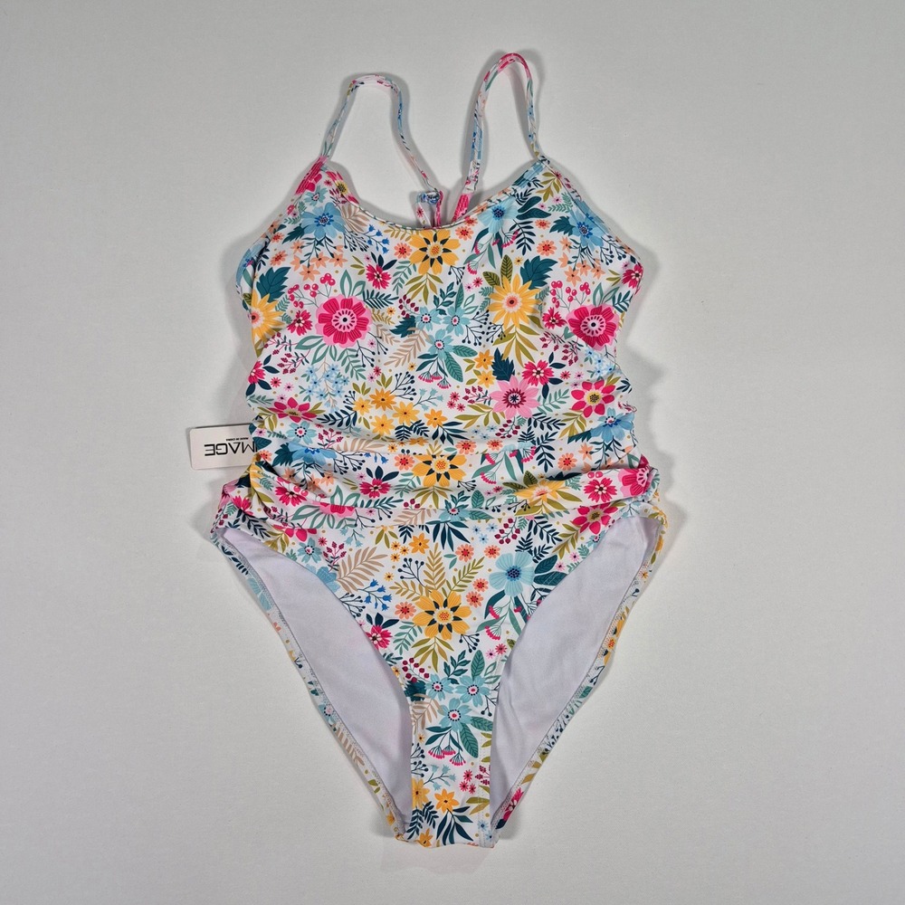 Aimage Floral One Piece Swimsuit Ruched Cutout Back Multicolor NWT Size Medium